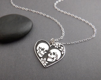 sterling silver skull lovers heart necklace flowers gift for day of dead spirits fortune telling mysticism spiritual halloween pendant 3/4"