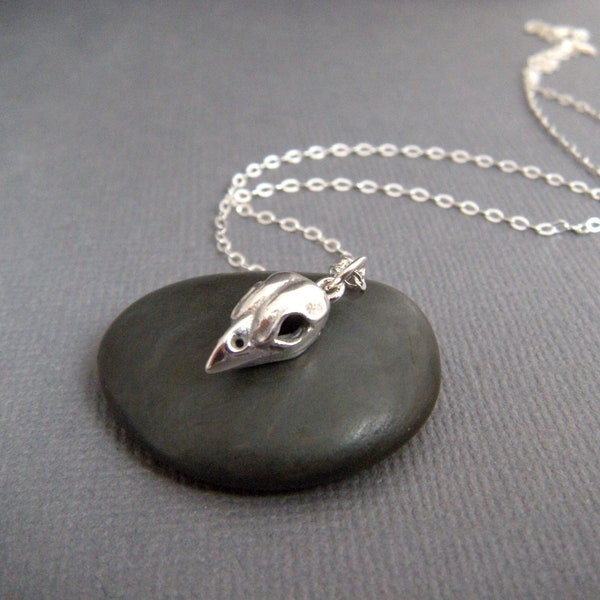 tiny sterling silver bird skull necklace small hollowed eyes Halloween charm simple jewelry delicate petite pendant spooky animal 3/8"