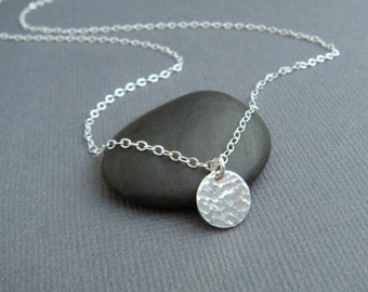 Dainty Hammered Sterling Silver Circle Necklace: Minimalist Pendant 3/8"