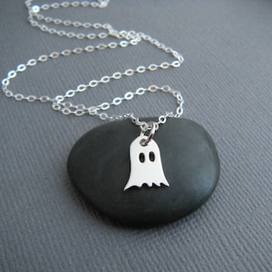 tiny sterling silver ghost necklace small Halloween emoji charm friendly spooky boo cute simple jewelry delicate pendant dainty gift 3/8&quot;
