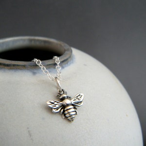 tiny honey bee necklace sterling silver honeybee pendant animal spirit totem small simple delicate everyday jewelry good luck charm 3/8&quot;
