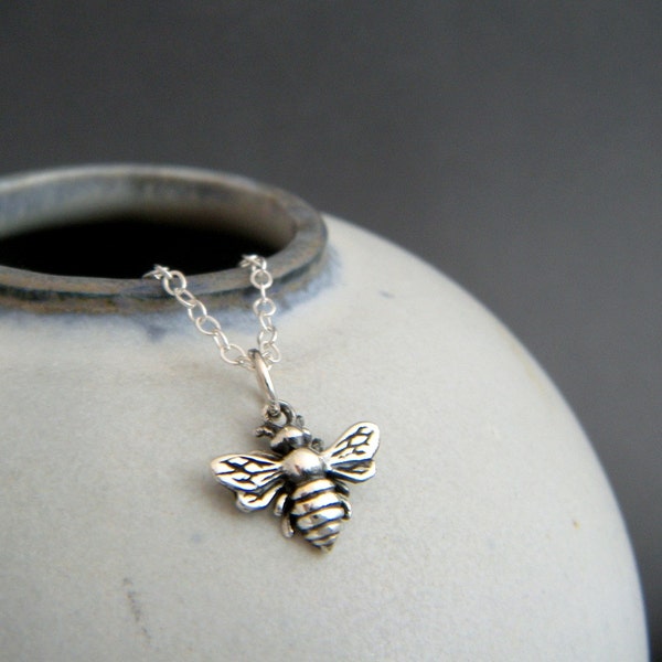 tiny honey bee necklace sterling silver honeybee pendant animal spirit totem small simple delicate everyday jewelry good luck charm 3/8"