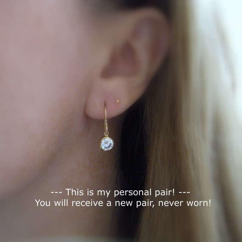 small gold CZ earrings tiny cubic zirconia diamond faux alternative 14k yellow gold filled clear crystals everyday hooks leverback 6 mm