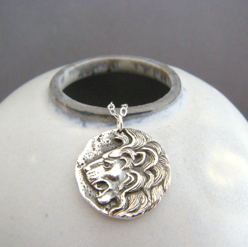 sterling silver lion coin necklace replica small ancient Greek pendant strength leadership protection animal charm power gift for her 3/4 image 1