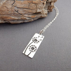 small sterling silver dandelion necklace rectangle flower seed nature pendant floral charm simple delicate dainty everyday jewelry gift 1"