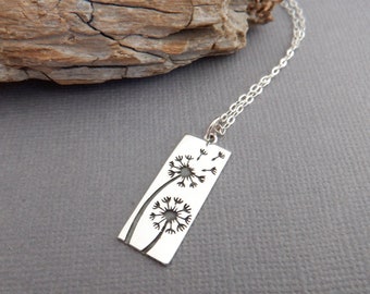 small sterling silver dandelion necklace rectangle flower seed nature pendant floral charm simple delicate dainty everyday jewelry gift 1"