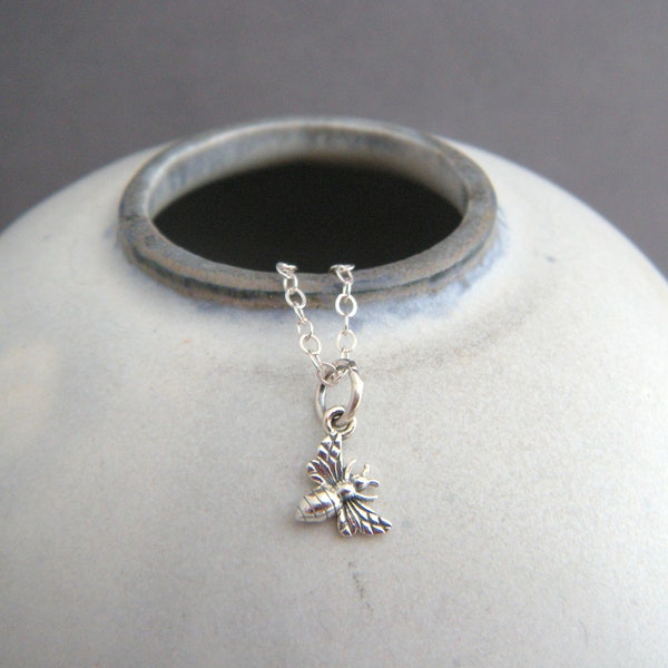 super tiny sterling silver honey bee necklace petite honeybee pendant animal spirit small simple delicate everyday charm good luck 1/4"