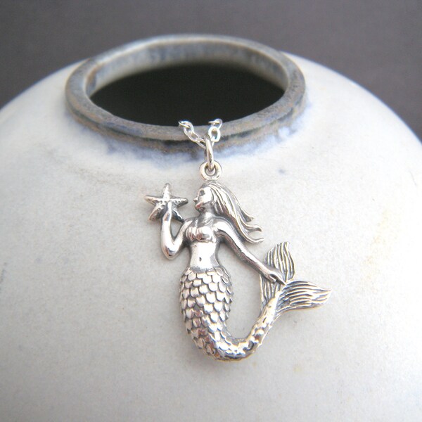 sterling silver mermaid necklace ocean pendant simple jewelry gift aquatic beach mystical sea creature rustic marine siren tail charm 7/8"