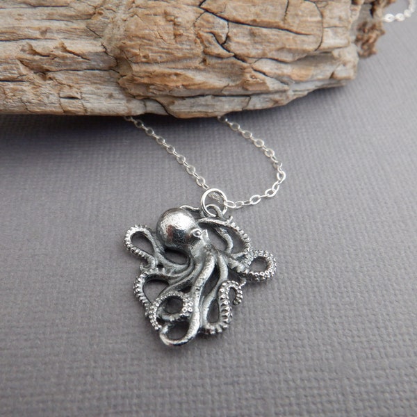 small sterling silver realistic octopus necklace. sea creature. marine life pendant. ocean aquatic animal. beach jewelry snorkle charm 1 1/4
