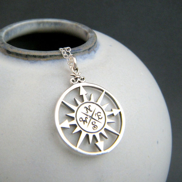 sterling silver compass necklace simple everyday jewelry rose points pendant starburst directions petite small travel traveler gift her 3/4"