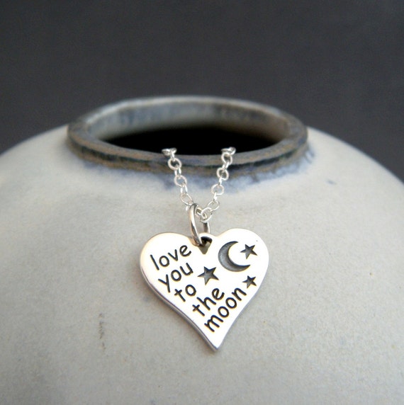 Love You to the Moon Sterling Silver Heart Necklace: Engraved