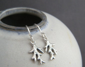 tiny sterling silver coral branch earrings petite delicate dainty simple beach jewelry black leverback summer charm ocean sea life gift 1/2"