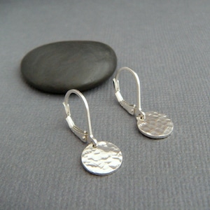 tiny sterling silver dangles hammered circle earrings petite disc everyday sterling jewelry leverback lever back drop latchback latch. 3/8 lever backs