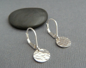 tiny sterling silver dangles hammered circle earrings petite disc everyday sterling jewelry leverback lever back drop latchback latch. 3/8"