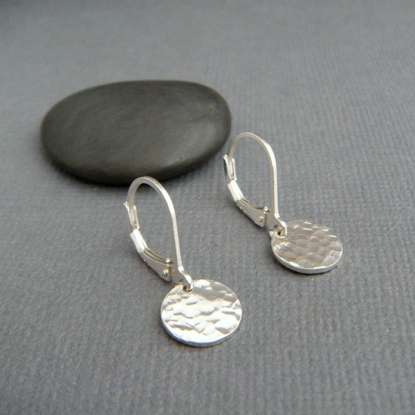 tiny sterling silver dangles hammered circle earrings petite disc everyday sterling jewelry leverback lever back drop latchback latch. 3/8"