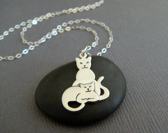 small sterling silver cats necklace pet pride pendant 2 two feline charm owner gift her animal lover simple delicate dainty jewelry 3/4"