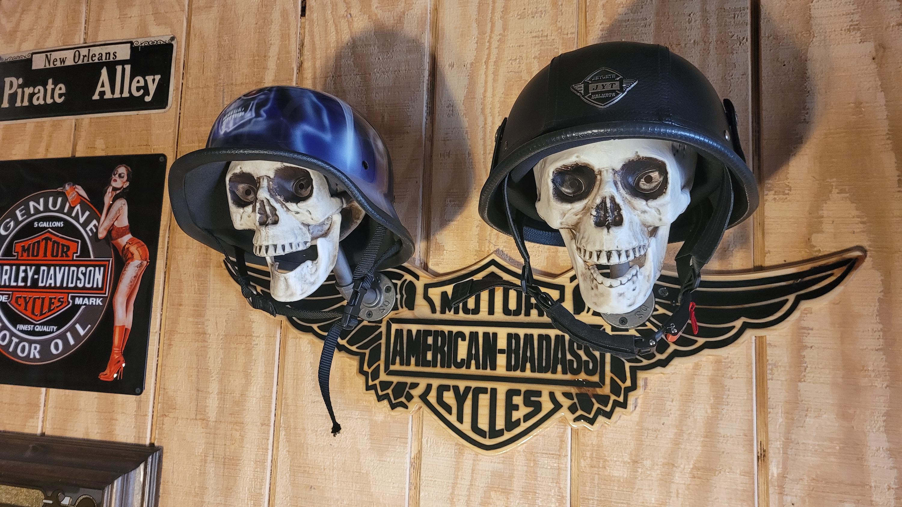 Skull Motorcycle Helmet Rack: "American Badass"  Light Up Skulls, Vintage Industrial Pipework
