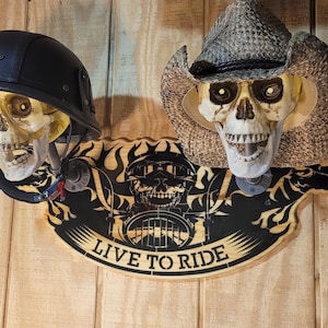 Skull Biker Helmet Rack:  &quot;Live to Ride&quot; Light up, Vintage Industrial Pipework, Wall Mount