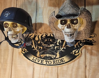 Skull Biker Helmet Rack:  &quot;Live to Ride&quot; Light up, Vintage Industrial Pipework, Wall Mount
