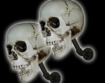 Helmet Holders (2PACK) Screaming Skull Helmet/Hat Holders with Light Up Skulls and Vintage Industrial Pipework (mounting hardware included)