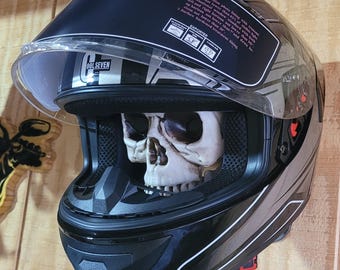 Screaming Skull Helmet Holder: Light Up Skull, Vintage Cast Iron Bracket