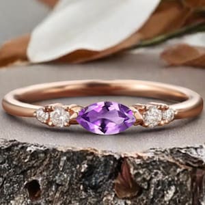 Marquise Amethyst Wedding band Unique Rose Gold Birthstone Matching Ring Amethyst Stackable Band Women Promise Anniversary Ring For Her