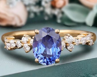 Anillo de compromiso Art Decó con zafiro de corte ovalado, anillo único de zafiro de oro rosa con piedra preciosa azul, anillo de boda, anillo de compromiso nupcial, regalos personalizados
