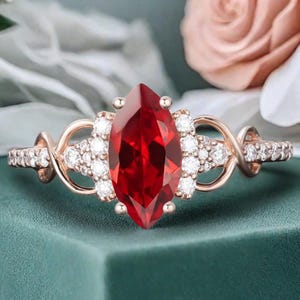 Vintage Red Ruby Engagement Ring Unique Marquise Ruby Ring 14K Rose Gold Wedding Ring Bridal Promise Women Ring Anniversary Gift For Her