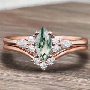 Vintage Marquise Cut Green Moss Agate Engagement Ring Set Unique 14k Rose Gold Moissanite Bridal Ring Set Women Unique Wedding Ring Set Gift
