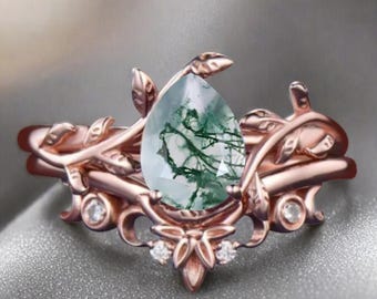 Vintage Pear Cut Green Moss Agate Engagement Leaf Ring Set 14k Rose Gold Moissanite Bridal Ring Set Women Unique Bridal Wedding Ring Set