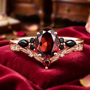 アンティークオーバルカットルビー婚約指輪セット ユニークな14Kローズゴールドブラックオニキスリング レディース アールデコ ブライダルウェディングリングセット 記念日ギフト