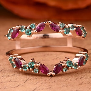 Dainty Ruby Enhancer Wedding Band Unique Vintage Rose Gold Ring Emerald Curved Matching Ring Personalized Ring For Women Handmade Jewelry