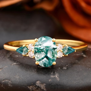 Vintage Oval Cut Moss Agate Engagement Ring Art Deco Promise Bridal Ring Kite Cut Green Agate Ring  Cluster Ring Unique Anniversary Gifts