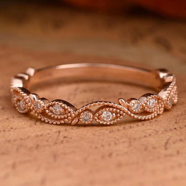 Art Deco Wedding Filigree Band Vintage Eternity Ring Solid Gold Women Unique Milgrain Band Minimalist Stacking Ring Handmade Jewelry Gifts