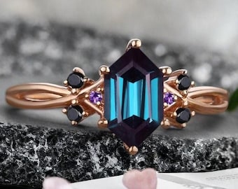 Vintage Hexagon Cut Alexandrite Engagement Ring Rose Gold Round Amethyst Promise Rings for Women June Birthstone Wedding Ring Gifts For Her