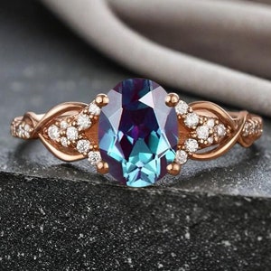 Bague de fiançailles en alexandrite taille ovale vintage, bague en or rose 14 carats, bagues de promesse de moissanite, pierre de naissance de juin, bague de promesse de mariage, cadeau pour elle