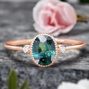 Oval Blue Green Sapphire Engagement Ring Vintage Rose Gold Moissanite Ring Three Stone Design Ring Unique Bridal Promise Anniversary Ring
