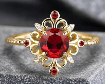 Anillo de compromiso con rubí, único anillo de rubí redondo, anillo de bodas de oro amarillo de 14 quilates, anillo de compromiso nupcial con rubí vintage, regalo de aniversario para ella.