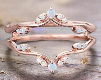 Unique Opal Enhancer Wedding Band Vintage 14k Rose Gold Ring Moissanite Curved Matching Ring Personalized Stack Ring Anniversary Gift Ring