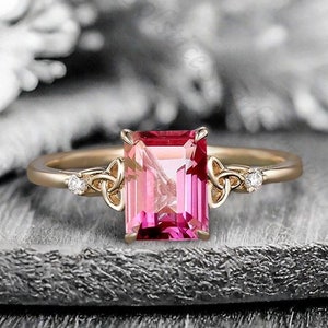 Vintage Emerald Cut Pink Sapphire Engagement Ring Promise Ring Unique Cluster Gold Art Deco Sep Birthstone Gemstone Ring Gift For Women