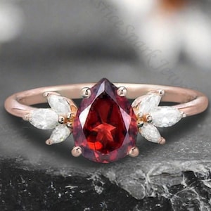Vintage Pear Shaped Ruby engagement ring July Birthstone ring unique Cluster Ring Rose gold moissanite wedding Bridal Ring Gift for her