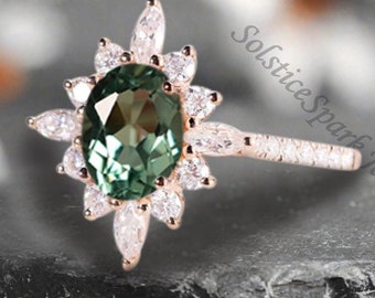Vintage Oval Green Blue Sapphire Engagement Ring Art Deco Solid Gold Promise Ring Unique Bridal Ring Moissanite Halo Ring Anniversary Gifts