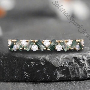 Baguette Cut Moss Agate Wedding band Unique Rose Gold Moissanite Wedding Band Women Half Eternity Matching Promise Anniversary Ring For Her