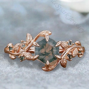 Hexagon Cut Moss Agate Engagement Ring Art Deco Leaf Promise Ring Nature inspired Green Agate Ring  Cluster Ring Unique Anniversary Gifts