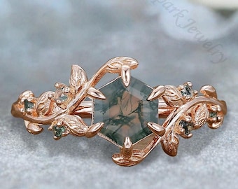 Hexagon Cut Moosachat Verlobungsring Art Deco Blatt Versprechen Ring Natur inspiriert grüner Achat Ring Cluster Ring einzigartige Geschenke