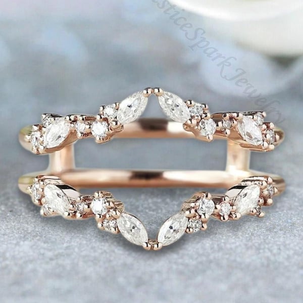 Unique Moissanite Enhancer Wedding Band Vintage Rose Gold Ring Moissanite Curved Matching Ring Personalized Ring For Women Handmade Jewelry