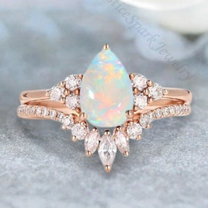 Birnenförmige Opal Verlobungsring Set Vintage Rose Gold Ehering Marquise Schnitt Moissanite Stapeln Hochzeit Set Zierliche Brautring