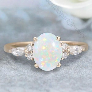 Anillo de ópalo, anillo de compromiso único de ópalo natural ovalado, anillo de oro macizo de 14 k, anillo con piedra natal de octubre, anillo de aniversario, regalo para ella, anillo de cumpleaños