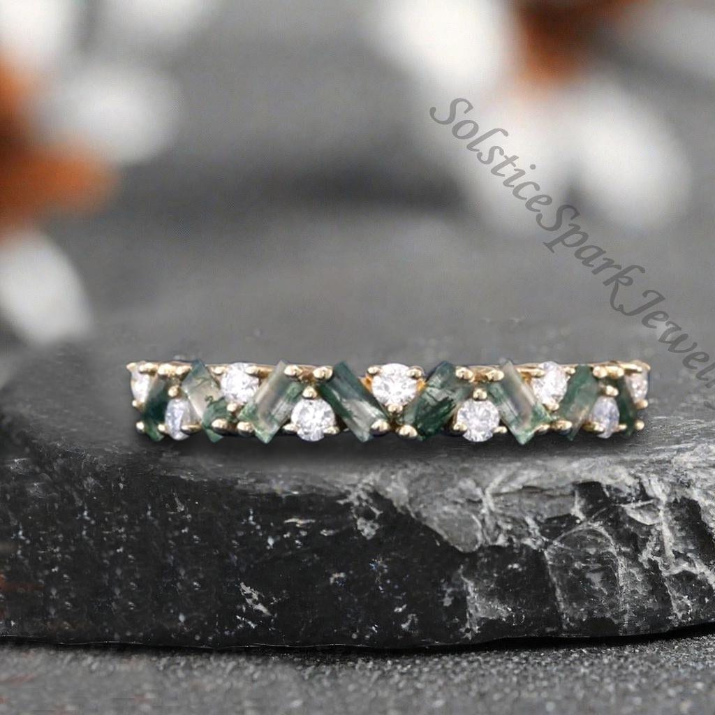 Baguette Cut Moss Agate Wedding band Unique Rose Gold Moissanite Wedding Band Women Half Eternity Matching Promise Anniversary Ring For Her