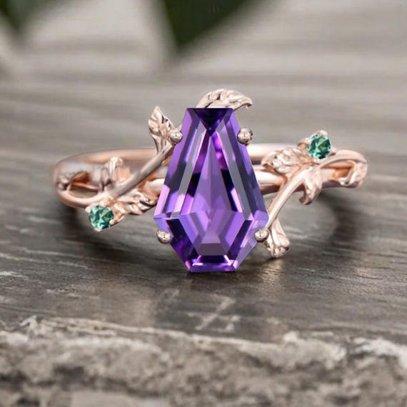 Vintage Coffin Cut Amethyst Engagement Ring Unique Solid Gold Ring